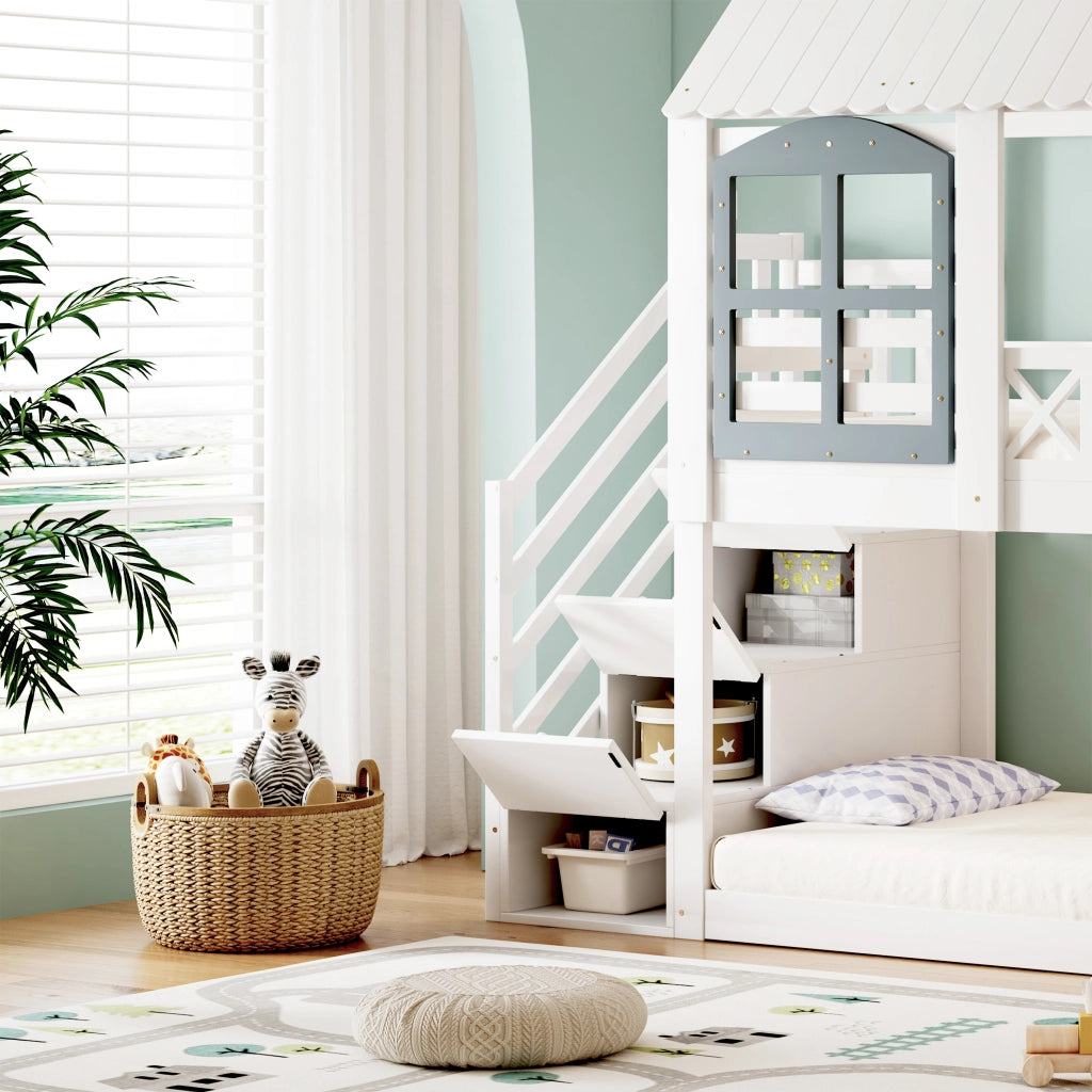 Letto a Castello 90x200 cm con Tetto; Finestre e Scala con 3 Scomparti in Legno e MDF