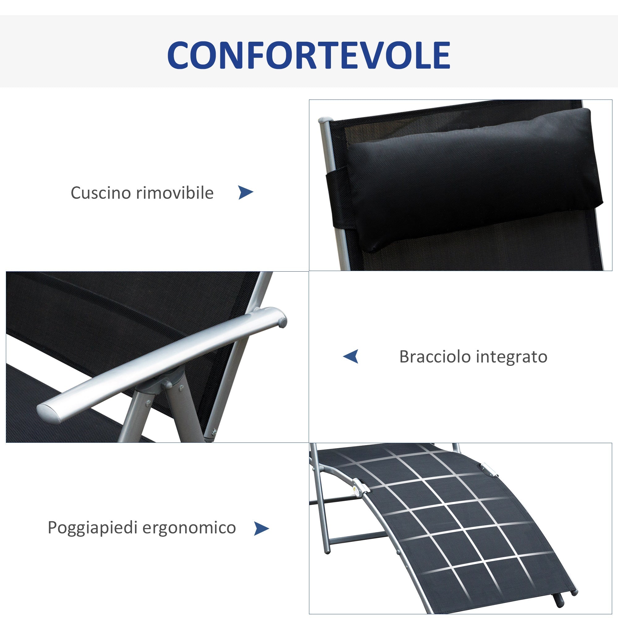 Sdraio Prendisole Relax Reclinabile Pieghevole in Metallo 137x63.5x100.5 cm Nero