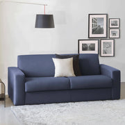 Divano Letto Zinnia, Divano a 3 posti, Made in Italy, SofÒ  Soggiorno con apertura girevole, in tessuto imbottito, con Braccioli slim, cm 200x95h90, Blu