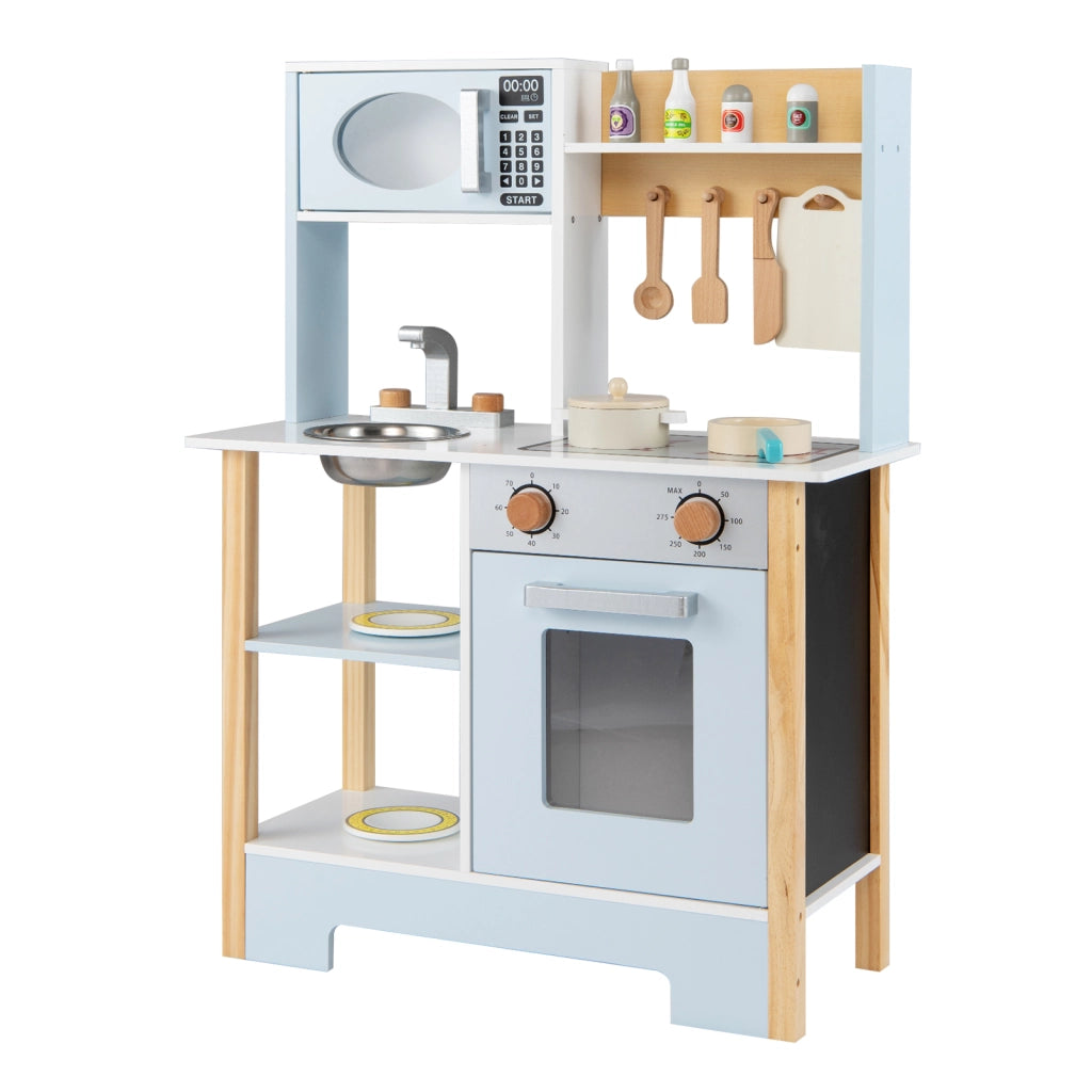 Cucina gioco legno lavagna microonde fornello scolapiatti rubinetto-Cucina lavello finzione accessori bambini 3 anni Blu
