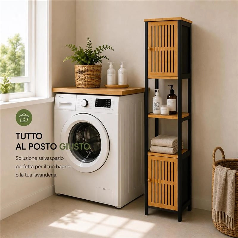 MOBILE DA BAGNO IN LEGNO CON 2 ANTE E RIPIANO IN BAMBOO - COLORE NERO DIMENSIONI 32X30X173 CM