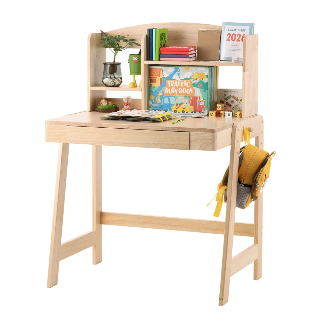 Scrivania per bambini 60x88.2x118 cm regolabile in altezza con cassetto e vano contenitore in legno naturale