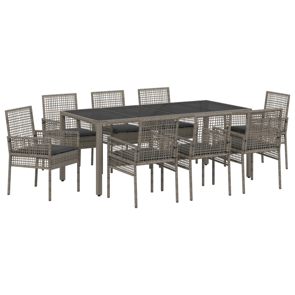 Set da Pranzo da Giardino 9 Pezzi con Cuscini Grigio in Rattan