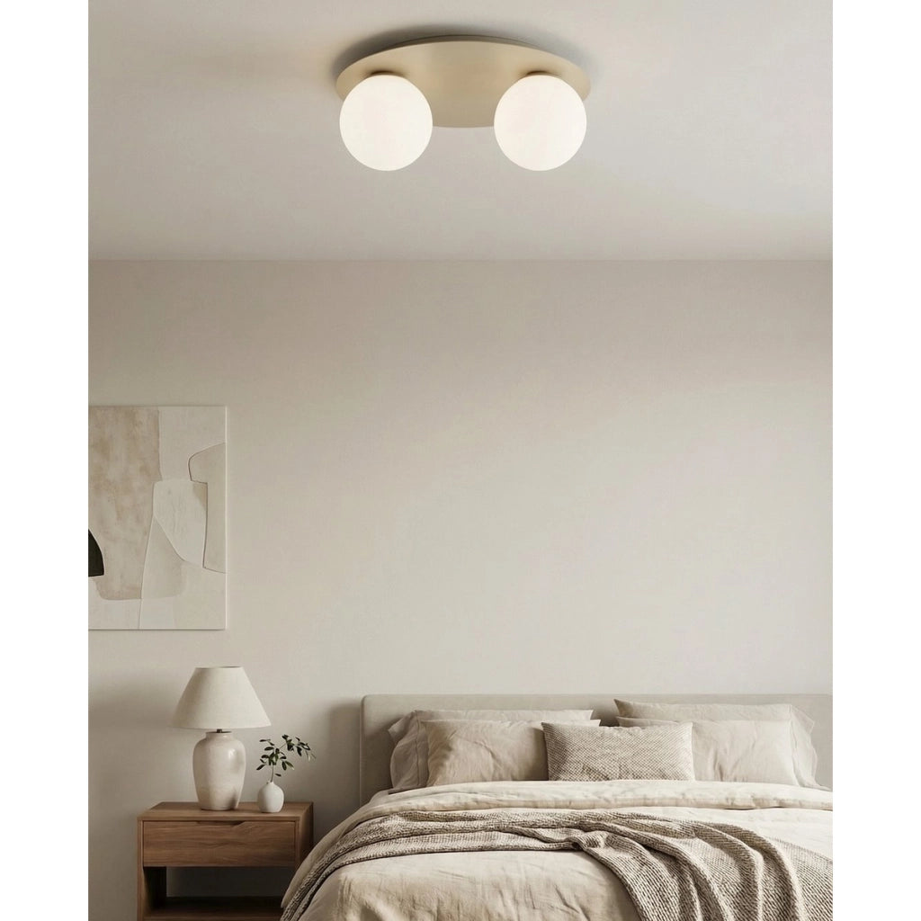 Lampada a sospensione Solar in acciaio beige e vetro opalino