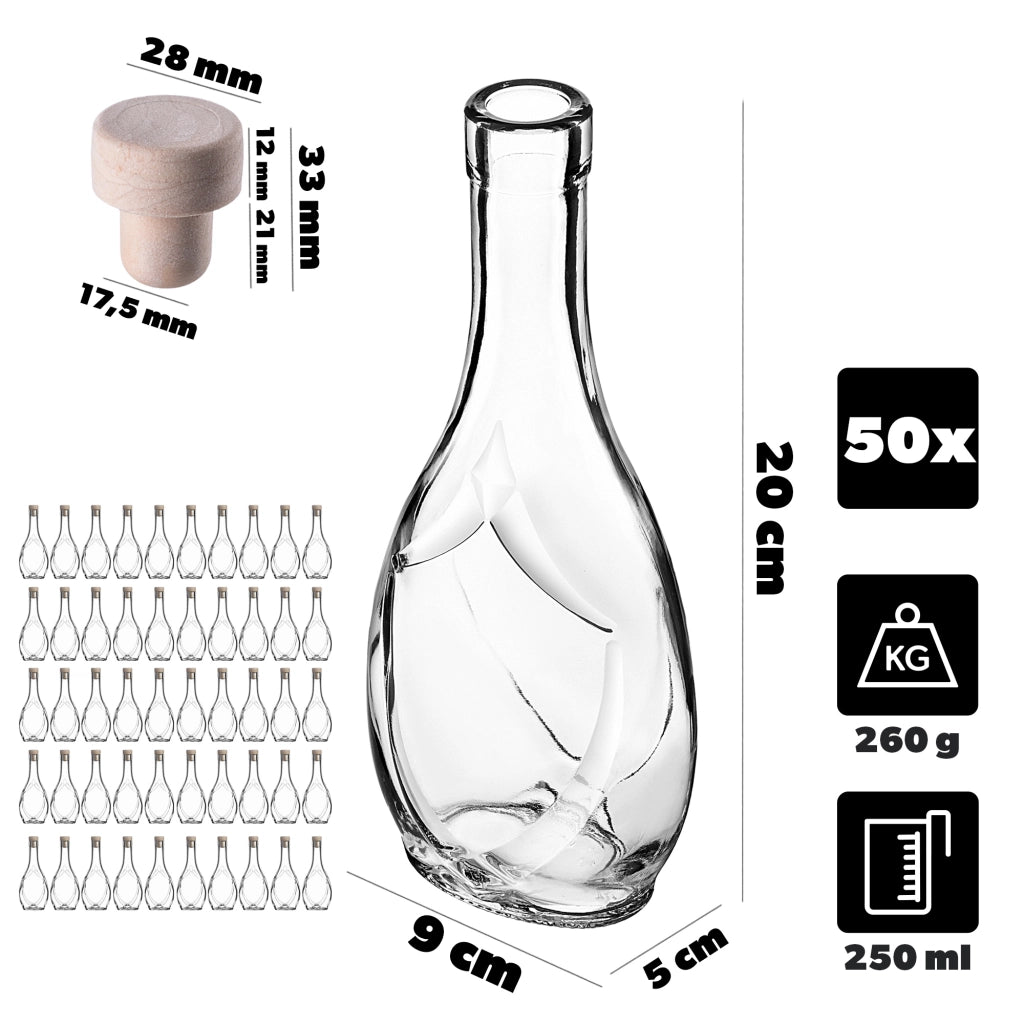 KADAX 50 bottiglie di vetro Icona da 250 ml per vino, liquori, distillati, alcolici, succhi di frutta + tappi di sughero