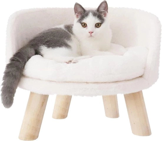Sedile letto per animali con base in legno e cuscino rimovibile impermeabile - Cuscino per gatti e cani con struttura in legno (Diametro 40 cm)