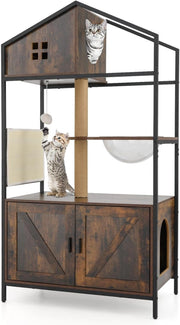 Albero per Gatti 80 x 48 x 150 cm, Lettiera Gatto Chiusa con Posti per Graffiare, Cuscino, Amaca e Palla Pendente, Torre per Animali Domestici in Metallo e Corda di Juta