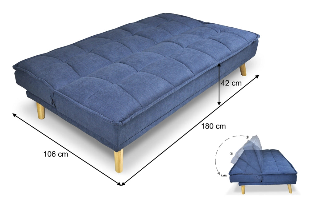 Divano letto clic clac in tessuto vellutato blu, divano 3 posti - Bart - DL-BA07FBC