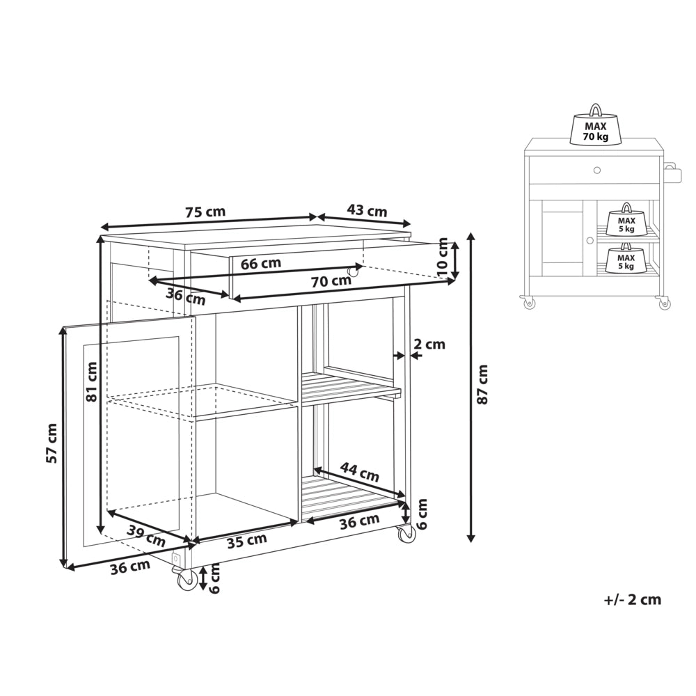 Carrello da cucina MDF grigio legno di gomma 75 x 43 x 87 cm armadio porta asciugamani 2 ripiani posate cassetto ruote