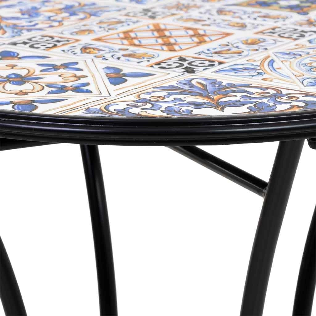 Set tavolo e due sedie in mosaico nero e ferro battuto tavolo: D60x75h - sedia (2): D38x46-90h