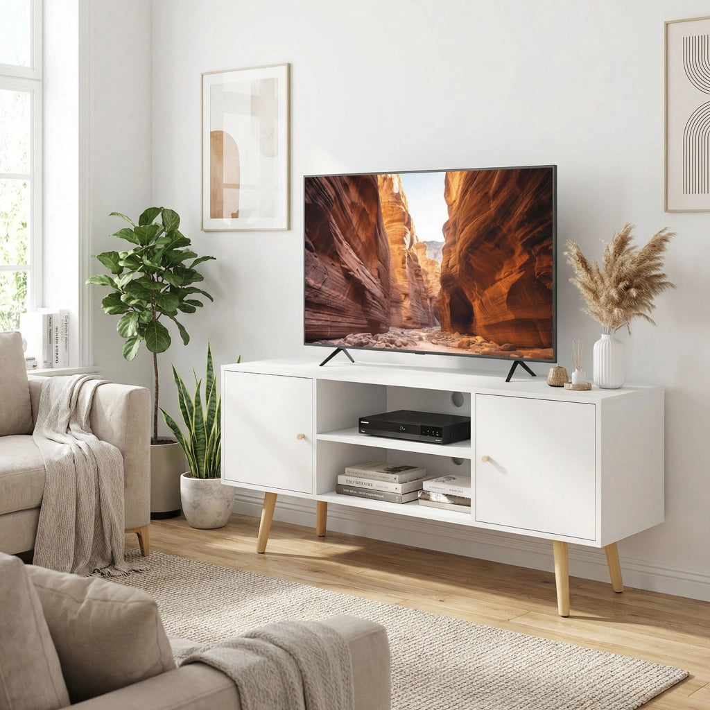 Mobile TV scandinavo 2 ante 2 nicchie ¨C Zephmum ¨C 120x34x50 cm bianco legno