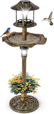 Magiatoia per Uccelli con Luce Solare Ø43 x 110H cm, Abbeveratoio per Uccelli Selvatici Decorazione da Esterno Rustico Effetto Bronzo, Vasca per Uccello da Giardino e Balcone (Bronzo Giallo)