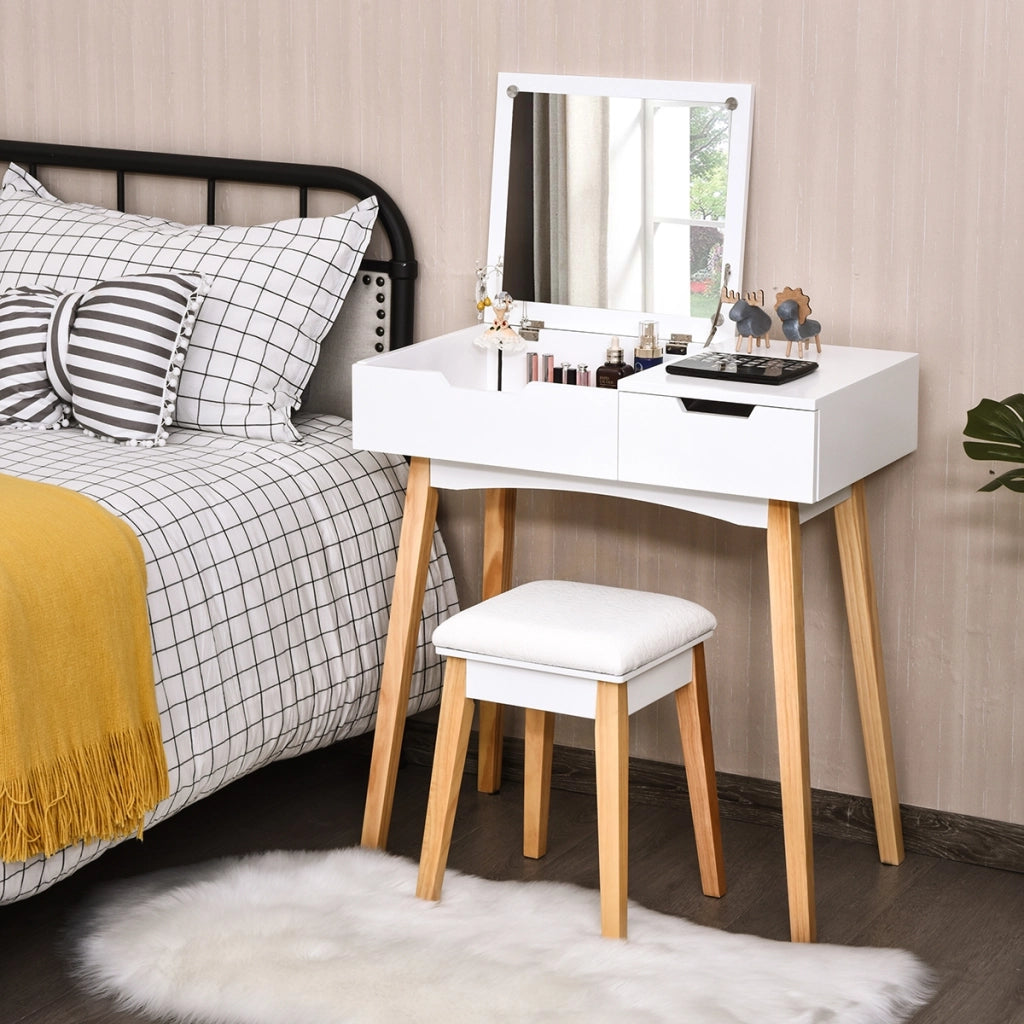 Toeletta con specchio ermetico, Toeletta di legno con sgabello e cassetto, Bianco-Tavoli da trucco