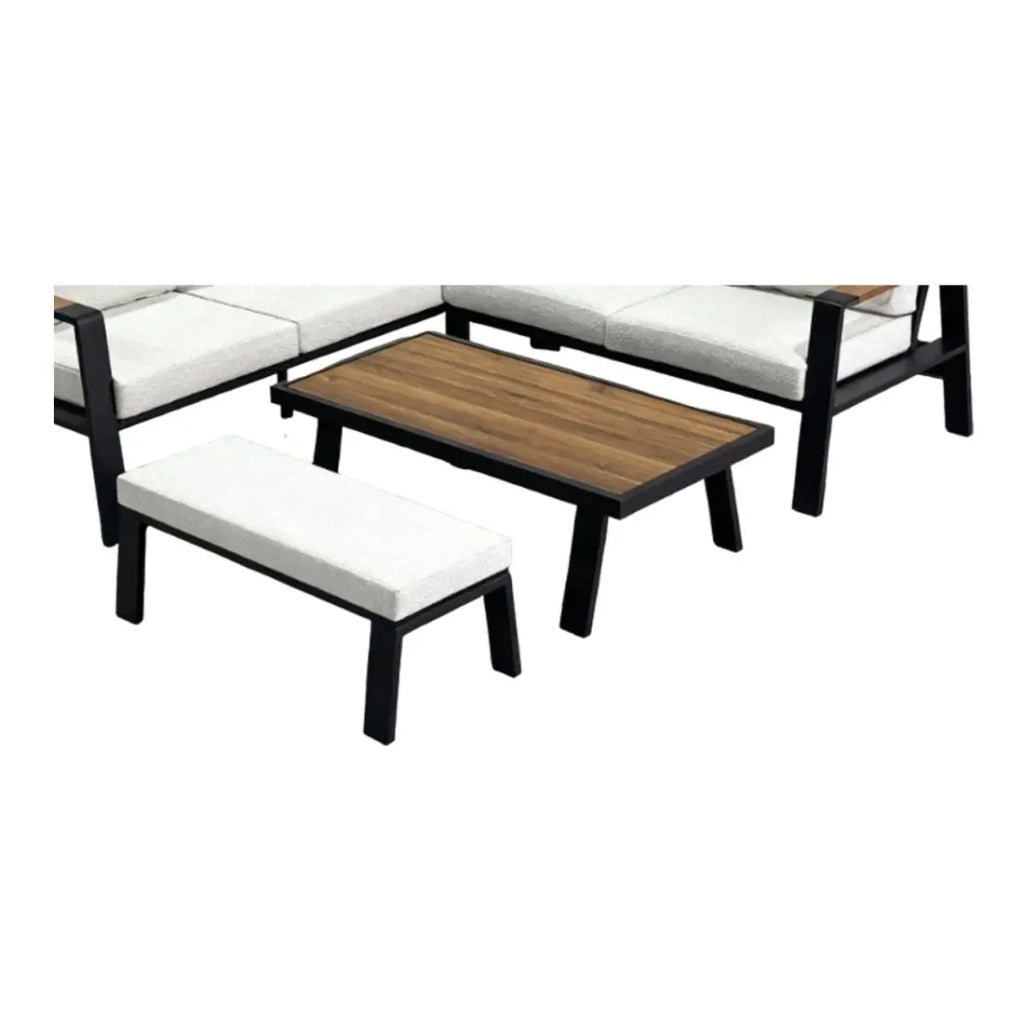 Salon da giardino angolare CALVARO 4 posti in alluminio nero con cuscini beige, panca e tavolino effetto legno