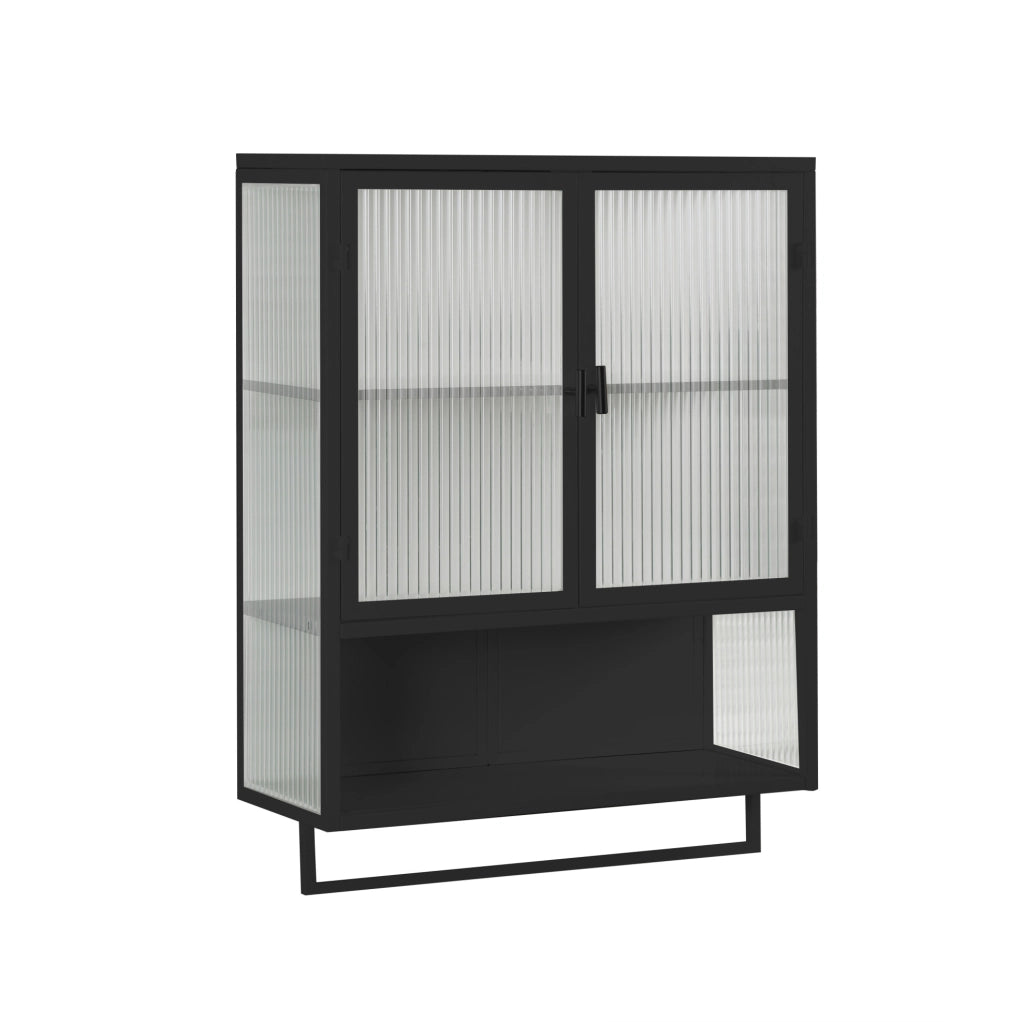 Credenza murale moderna in vetro e metallo nero con doppia anta