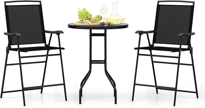 Set Tavolino e Sedie da Giardino, Set da Bistro con Sedie Pieghevoli, Tavolino con Foro per Ombrellone e Poggiapiedi, Tavolino da Bar per Patio, Tavolino Portata 50 kg, Sedia Portata 150 kg