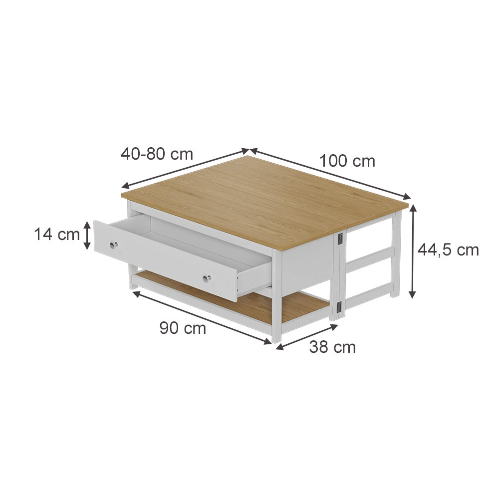 Vicco Tavolino salotto Bianco/quercia 100 x 40 cm con piano del tavolo pieghevole
