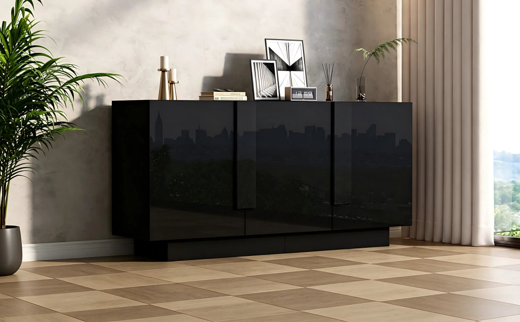 Credenza e madia a 3 ante con ripiani regolabili, finitura lucida, per soggiorno e sala da pranzo, nera 160 × 35 × 60 cm