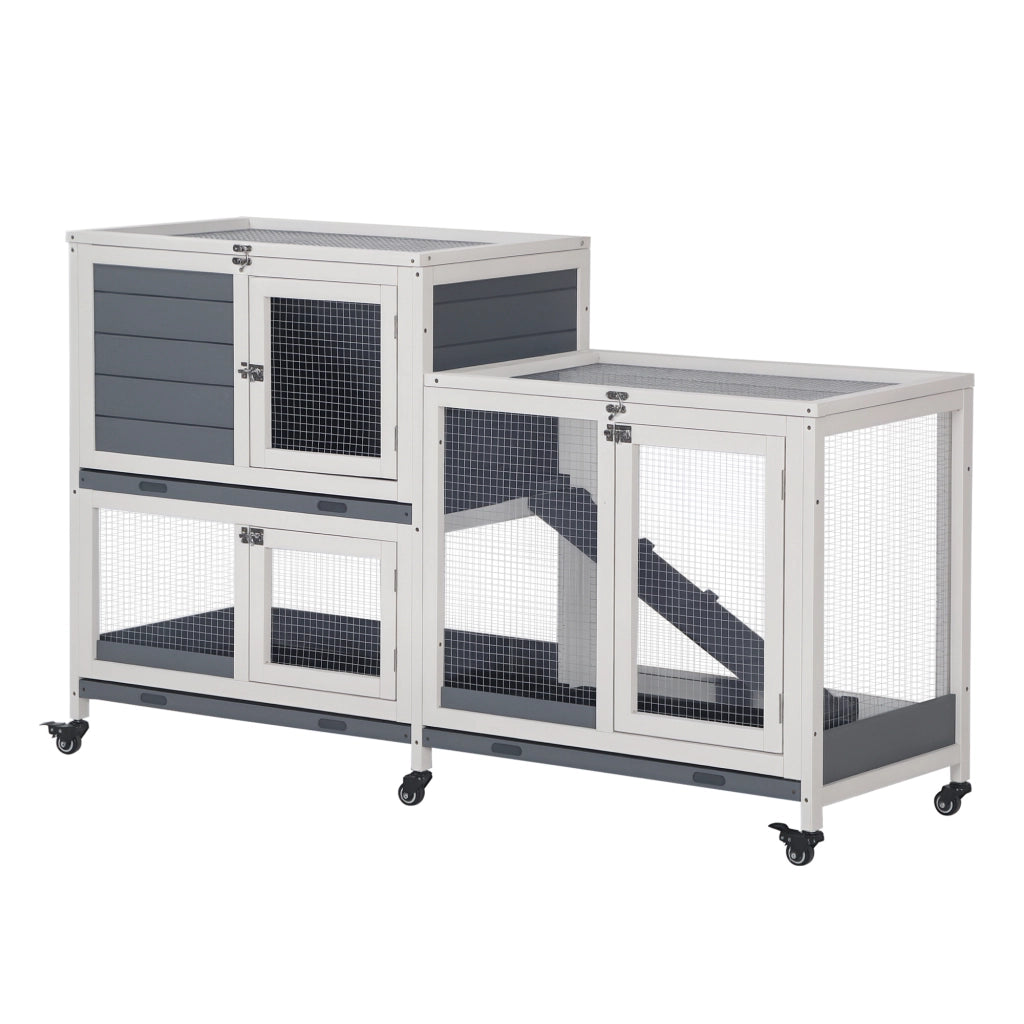 Casetta per conigli 2 piani con ruote ¨C zephmum ¨C 147x45.5x88.5 cm grigio e bianco