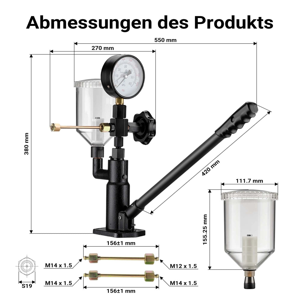 Tester per iniettori diesel, revisione ugelli di iniezione, manometro 0-600 bar, con adattatori, leva manuale, per controllo, calibrazione, regolazione della tenuta