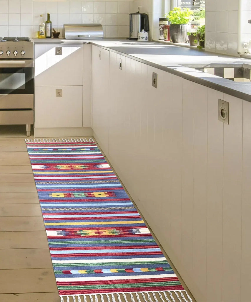 Tappeto passatoia KELIM 01 disegni etnici orientali colori vivaci cm.60x90 tessuto e frangia 100% cotone, lavabile in lavatrice