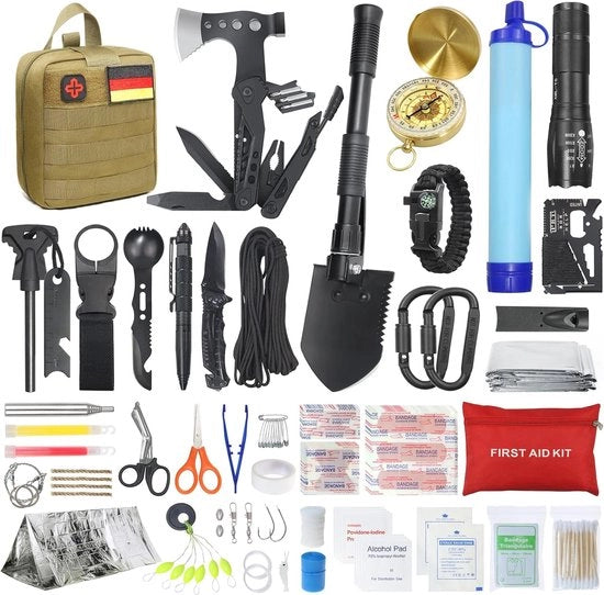 Kit di emergenza per situazioni di urgenza con kit di pronto soccorso e attrezzo multifunzionale - 180 pezzi per avventura, campeggio e escursioni