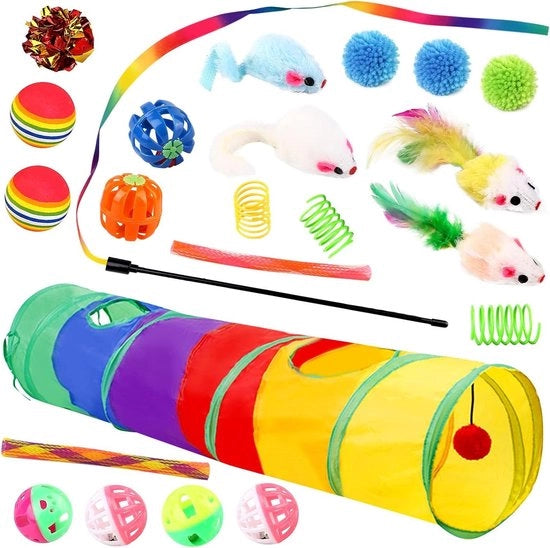 Set di giocattoli per gatti - tunnel per gatti pieghevole 123 cm con palline giocattoli a piuma giocattoli di peluche topi di peluche