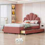 Letto imbottito per bambini 90x200 cm in velluto rosa con testiera decorativa e 2 cassetti