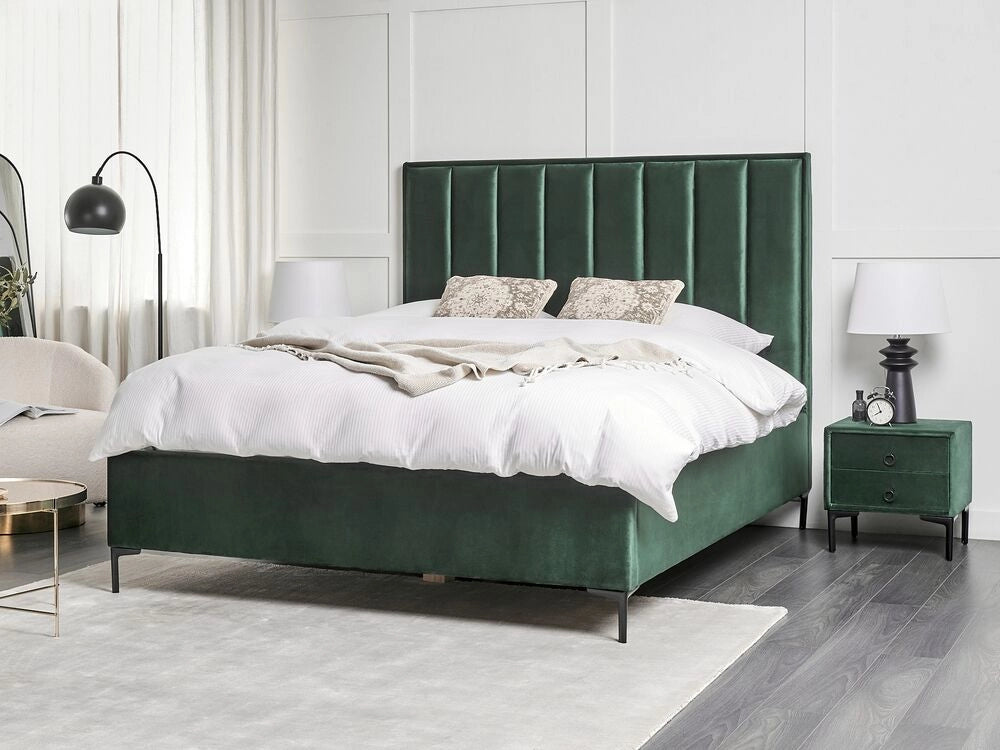 Set camera da letto in velluto verde scuro matrimoniale 160 x 200 cm letto con contenitore 2 comodini imbottiti