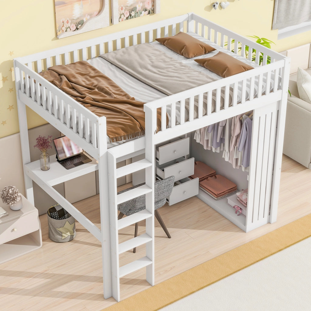 OKWISH Letto a soppalco 140×200 cm, Letto Matrimoniale con Scrivania, Armadio, 3 Cassetti, Vano a Vista e Scala, senza Materasso, Bianco
