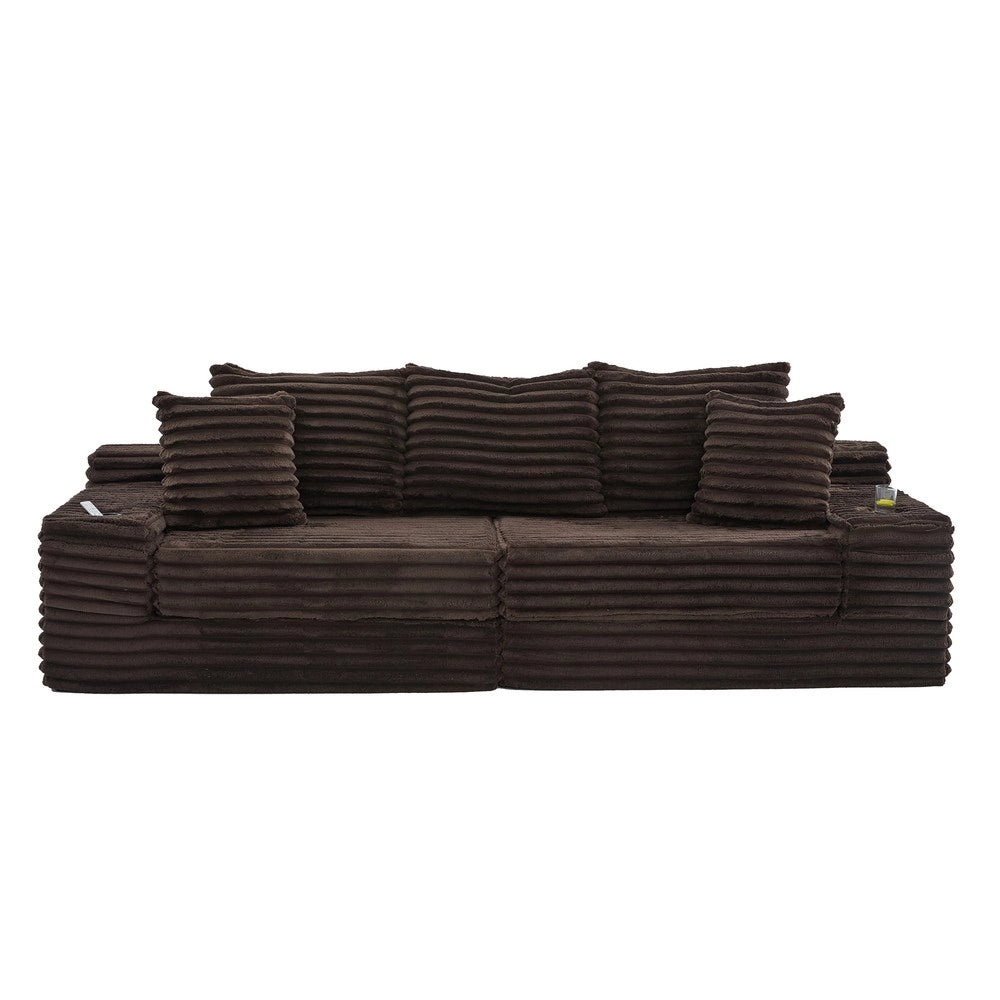Divano letto in tessuto - Zephmum - Schienale alto, cuscini extra, tasche e porta-bevande, imbottitura morbida, marrone caff¨¨