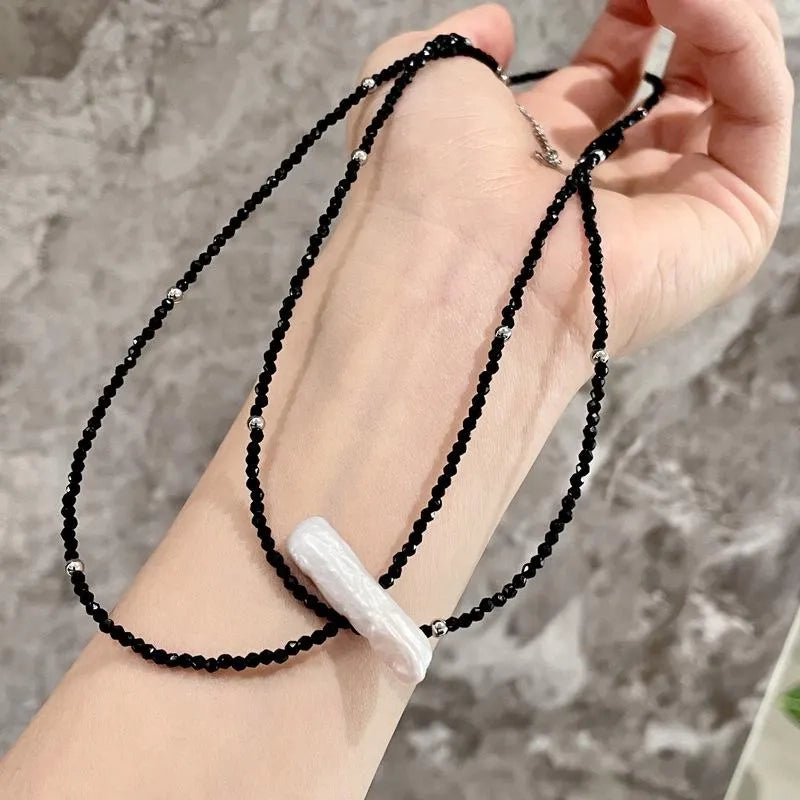 Collana lunga vintage con perle e cristalli neri per clavicola, regalo di Natale o compleanno.