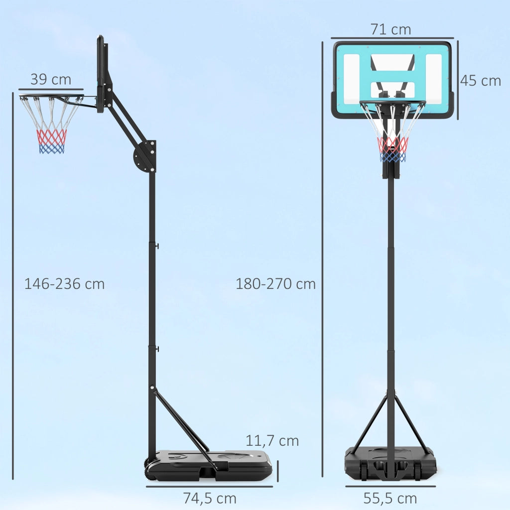 Canestro da Basket Regolabile 146-236 cm con Ruote e Base Riempibile ¨C zephmum ¨C Nero