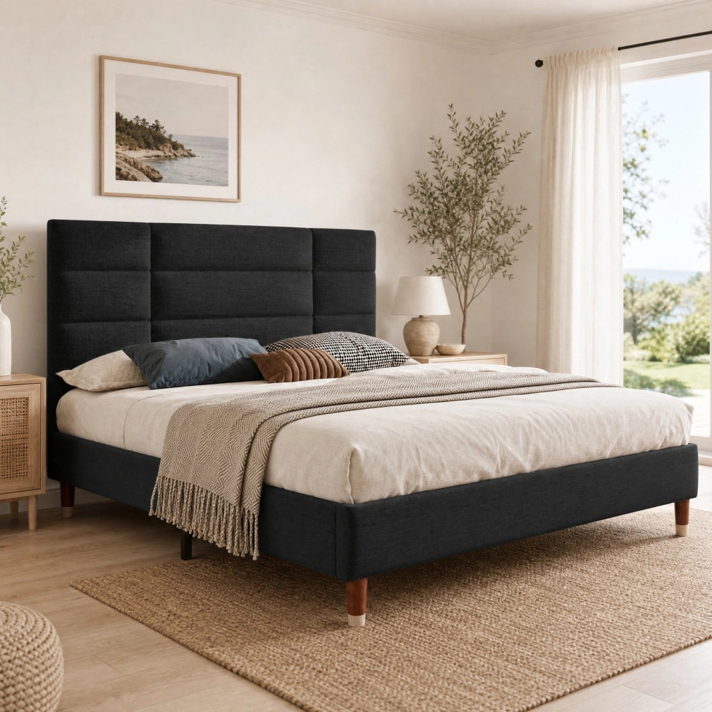 Letto imbottito 140x200 cm con testiera e rete, nero
