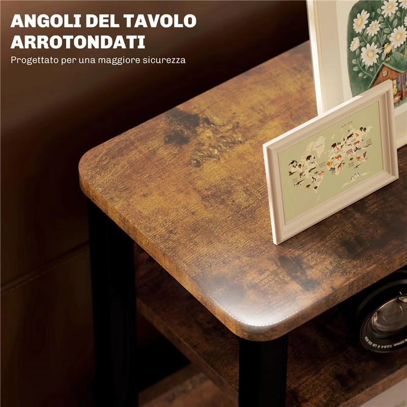 TAVOLINO DA SOGGIORNO IN STILE INDUSTRIALE CON 2 RIPIANI, IN LEGNO E METALLO, 46X18X58.5 CM, MARRONE
