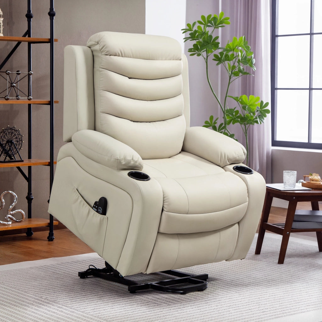 Poltrona Relax Elettrica con Alzapersona, Massaggio, Riscaldamento, USB ¨C zephmum ¨C Creme, Pelle