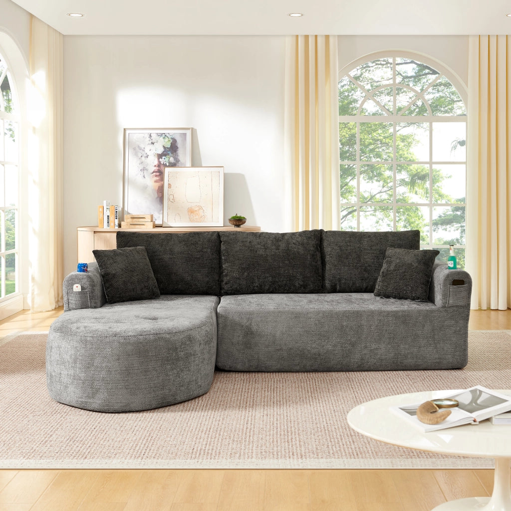 Divano angolare a L con portabicchieri in acciaio inox e tasche laterali, tessuto in lino grigio 255 × 170 × 67 cm