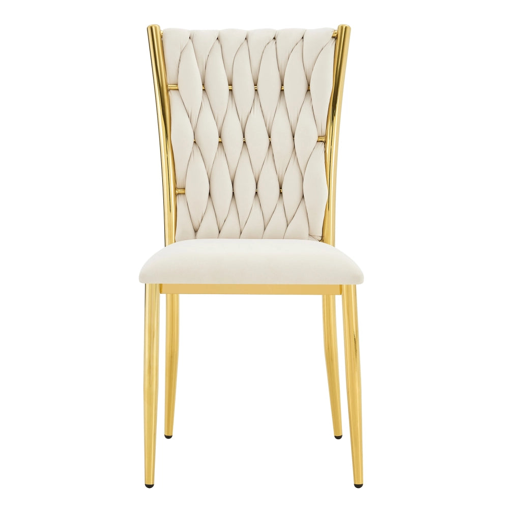 Sedia da pranzo imbottita in velluto beige con gambe in metallo oro