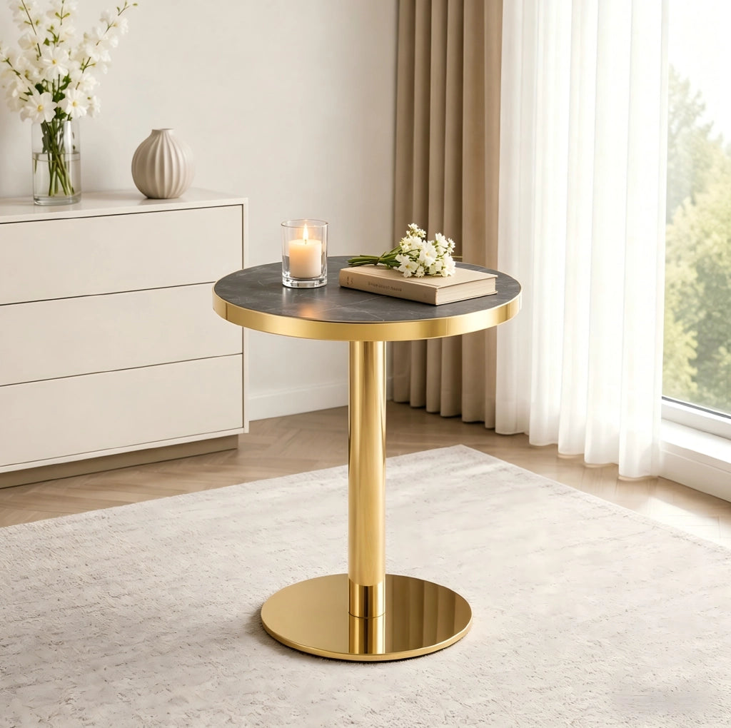 Tavolino rotondo in MDF effetto marmo grigio e oro