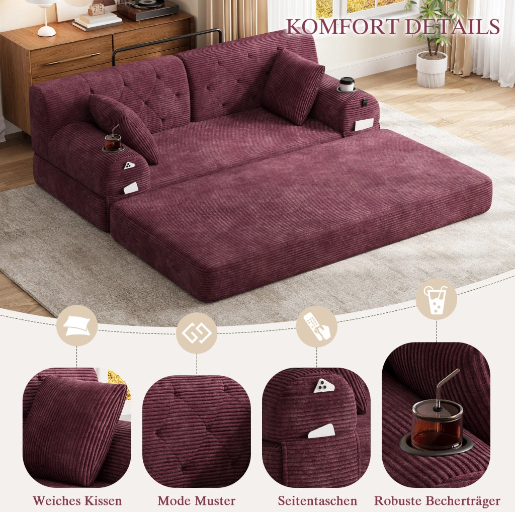 Divano letto compatto in velluto a coste bordeaux con tasche