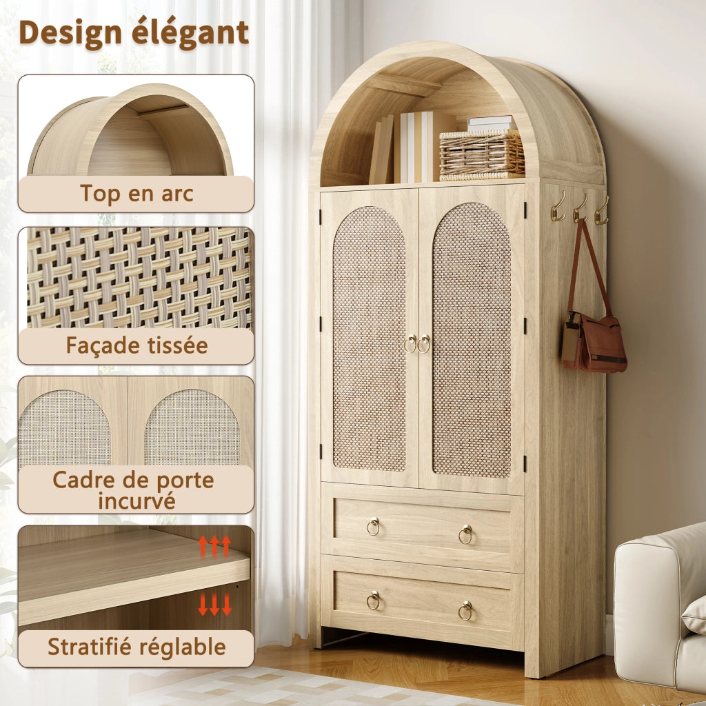 Credenza con 2 Cassetti; Ante in Rattan e Ganci Laterali; Stile Vintage; in MDF; Rovere; 80??40??180 cm