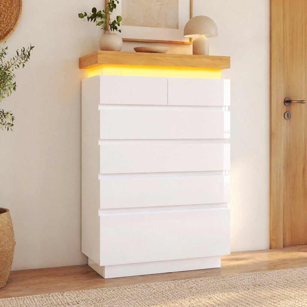 Comodino alto lucido con 6 cassetti e LED, credenza multiuso in bianco 115 x 73 x 39 cm