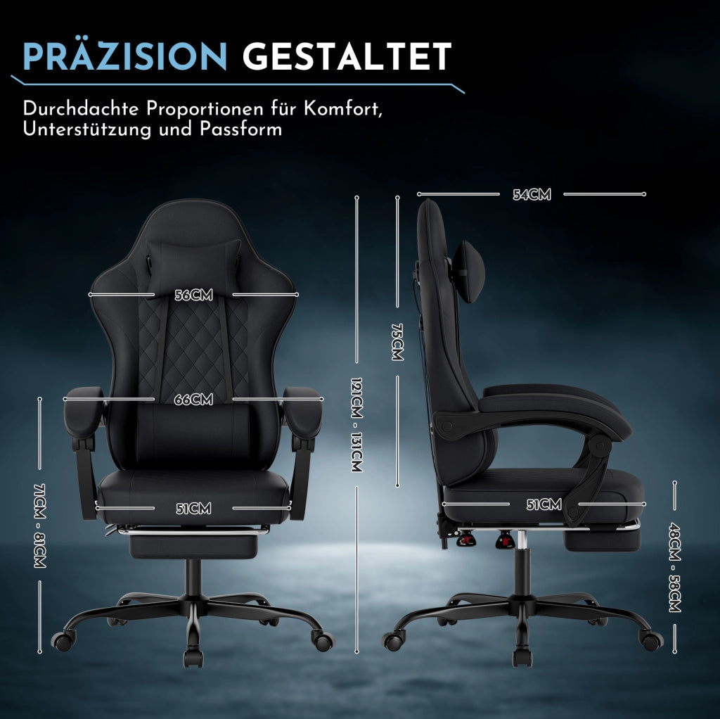 Sedia gaming 54x66x121-131 cm in PVC nero con poggiapiedi estraibile