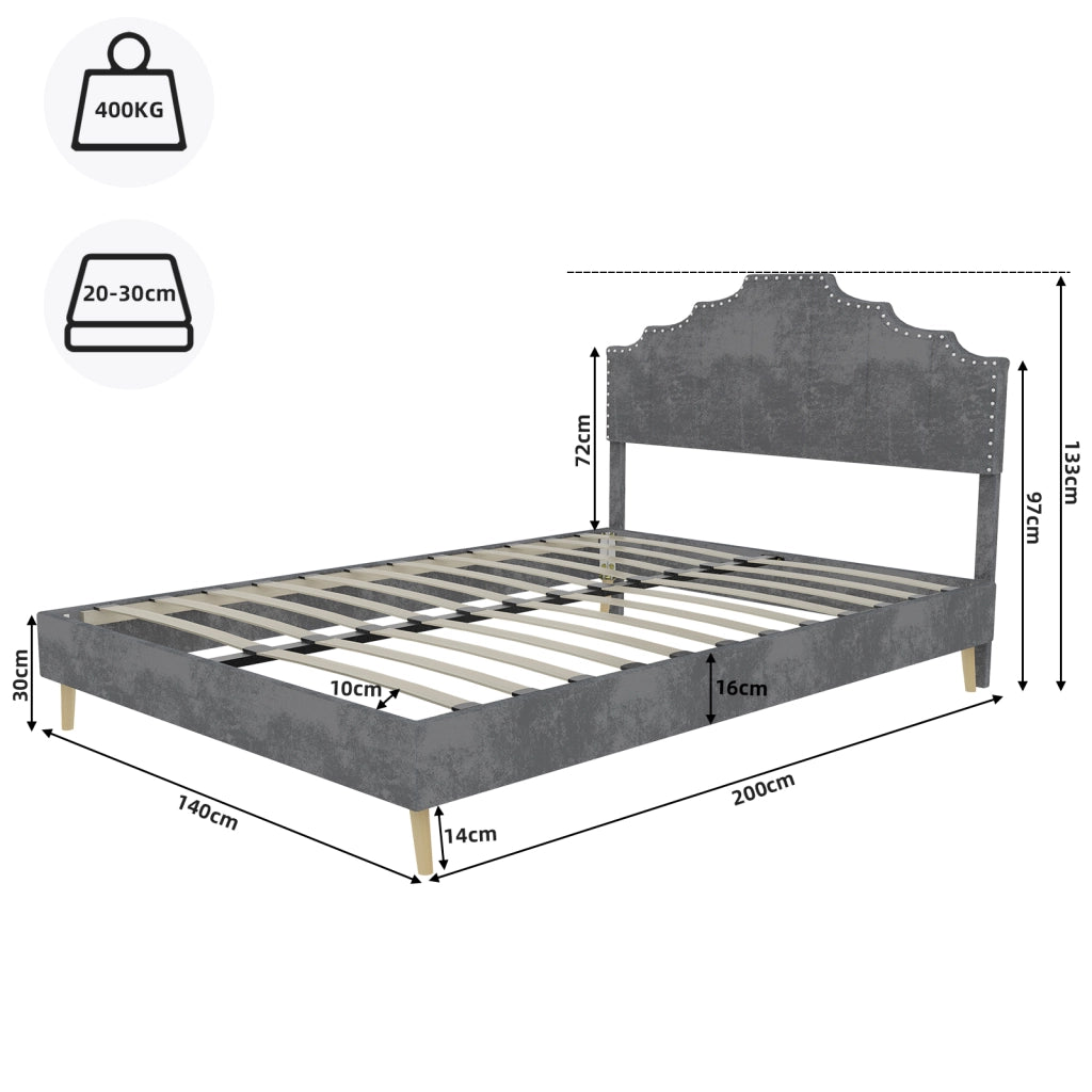 Letto Matrimoniale 140x200 cm; Letto Contenitore; Testiera Geometrica e in Tessuto Grigio