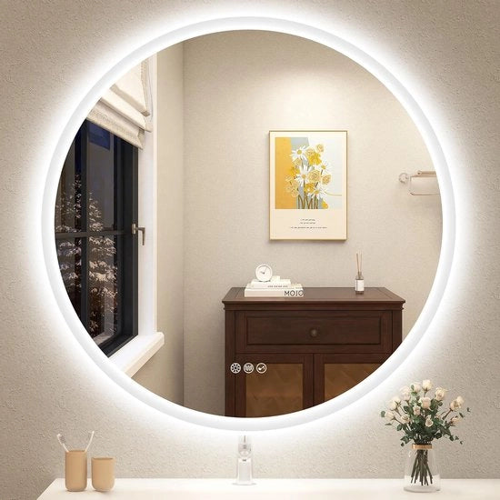 Specchio da bagno circolare senza riflessi con illuminazione e Bluetooth - 80 cm, IP44, vetro HD, funzione di memoria