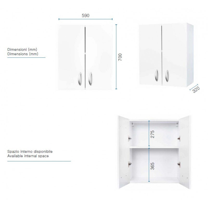 Mobile lavanderia con lavatoio in nobilitato idrofugo 60x50, base 2 ante, pensile e specchio 45x60  Bianco  Negrari