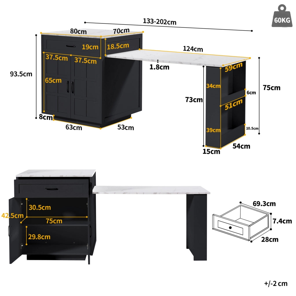 Tavolo bar estensibile con contenitore in MDF nero 133-202 cm