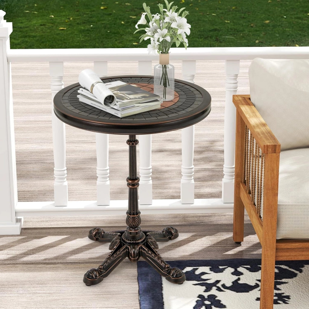 Tavolino per Patio, Tavolo Laterale da Interno Esterno in Alluminio Fuso con Piano Dipinto e Base a Croce, Tavolo da Caffè Moderno, Tavolino Decorativo per Soggiorno Giardino Cortile