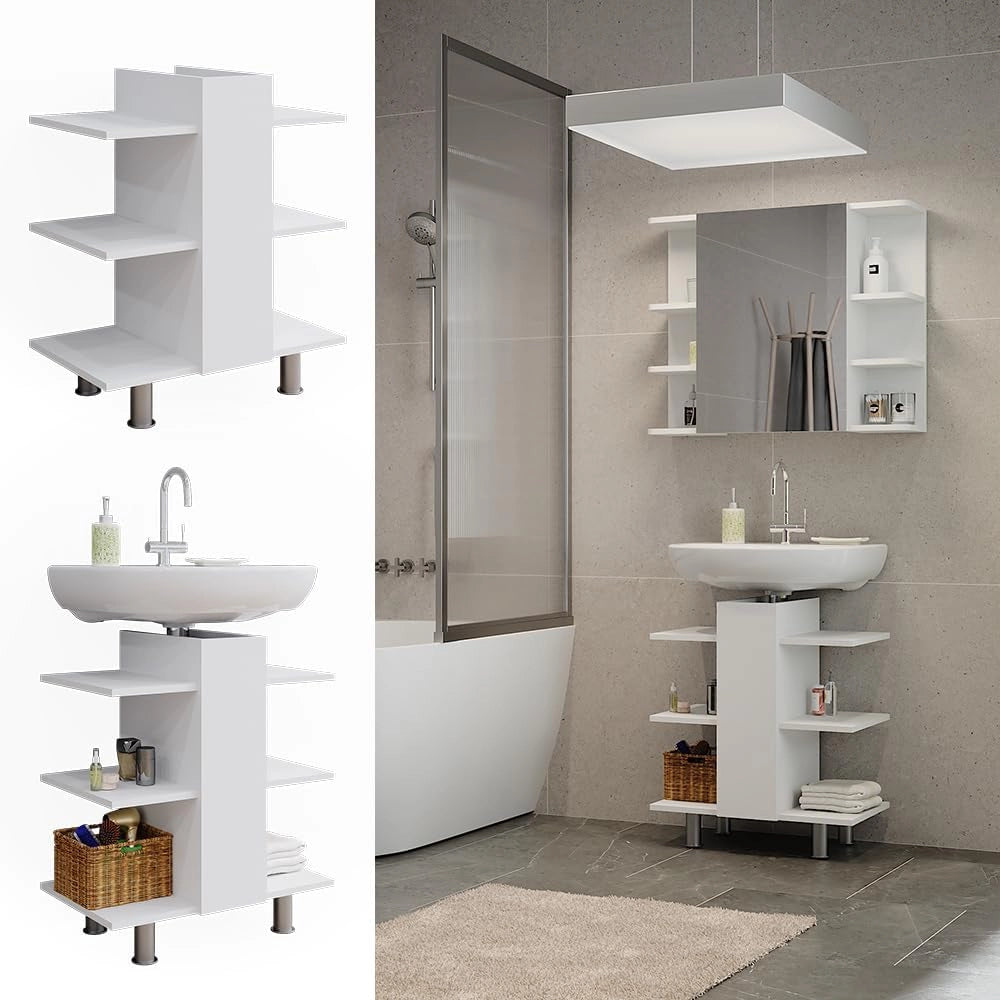 Mobiletto per lavabo Fynn, Bianco, 60 x 70 cm con 6 ripiani, da parete per la conservazione di accessori da bagno