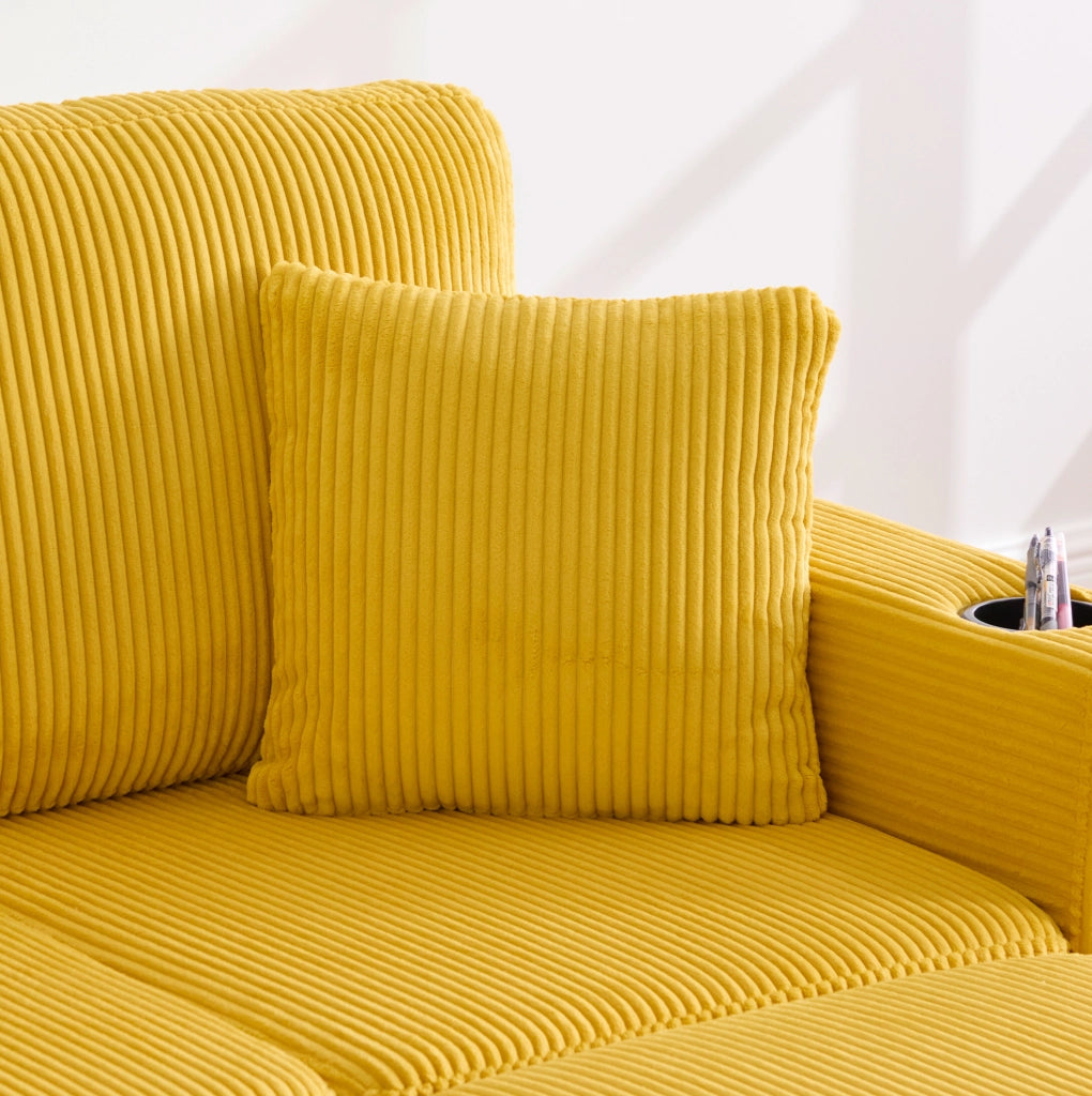 Divano in velluto a coste giallo senape con LED; USB/Type-C; portabevande e vano contenitore